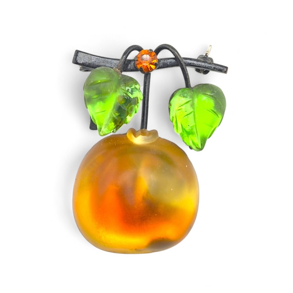 Vintage Signed Austria Frosted Glass Peach/Persimmon Fruit Brooch Pin Forbidden